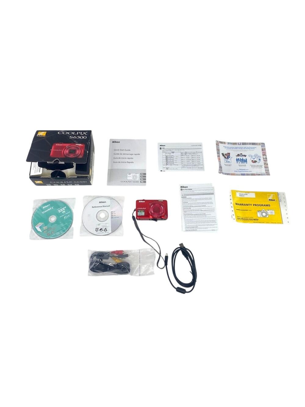 Nikon Coolpix S6300 16.0MP Red Digital Camera with Battery Cords Paperwork Box